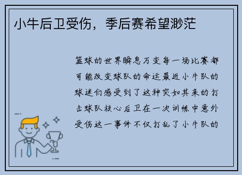 小牛后卫受伤，季后赛希望渺茫