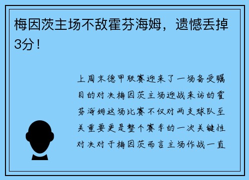 梅因茨主场不敌霍芬海姆，遗憾丢掉3分！