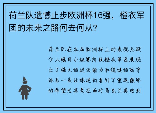 荷兰队遗憾止步欧洲杯16强，橙衣军团的未来之路何去何从？